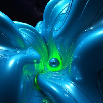 Bioluminescent fluidic sculpture with central orb abstract organic