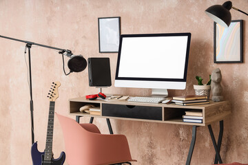 Interior of home recording studio with musician's workplace and microphone © Pixel-Shot