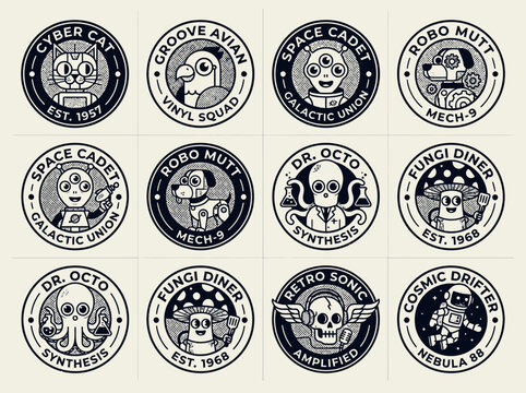 Retro Vintage Character Badges and Emblems Set: Sci-Fi Aliens, Robots, Space Animals, and Music Skulls in Monochrome Line Art Design