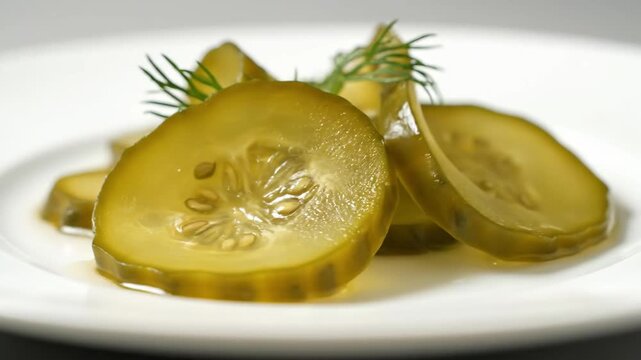 Macro shot of sweet and sour pickled cucumber slices garnished with fresh dill on a clean white plate, focusing on texture and glossy brine.
