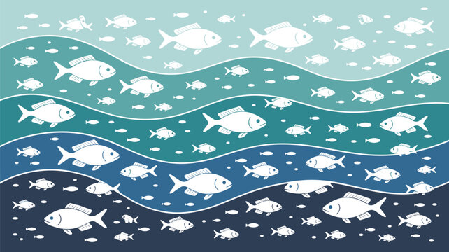 Artistic underwater pattern showing many white fish silhouettes of various sizes swimming in wavy blue and teal water layers.