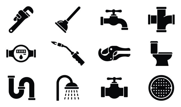 Plumbing and bathroom repair flat black vector icon set with pipe wrench, faucet, shower, valve and drainage system symbols for maintenance services