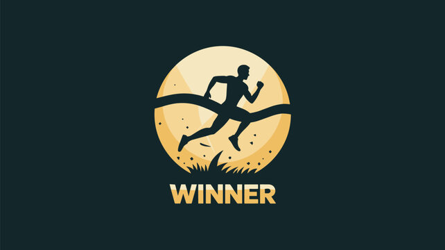 Minimalist silhouette of a runner crossing the finish line against a large glowing sun with the bold text winner below.