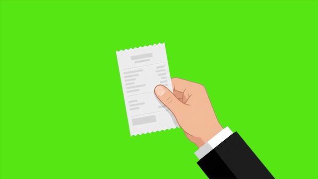 Flat 2D Animation of Hand Holding Receipt on Green Screen, black and white background