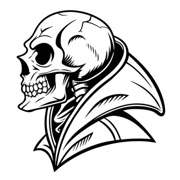Skull wearing vampire cape vector illustration isolated on white background. Spooky skeleton head with cloak. Halloween concept art