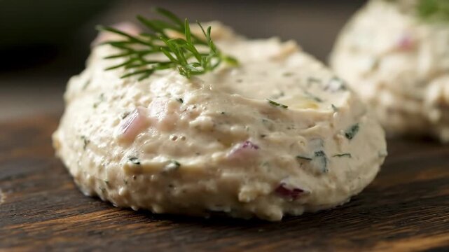 Close-up of rich, creamy gourmet p&acirc;t&eacute; or fish mousse spread garnished with fresh dill and red onion served on a dark rustic wooden