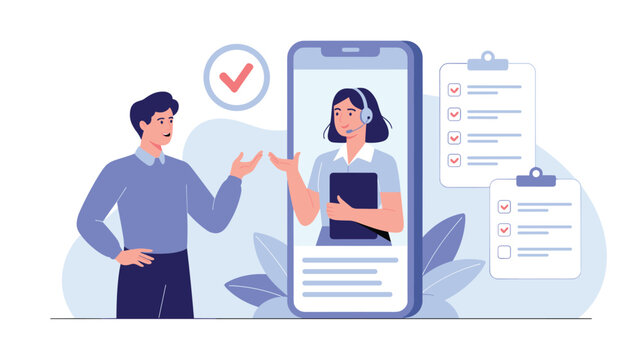 Customer service concept illustration with a man speaking to a female support agent on a large smartphone screen.