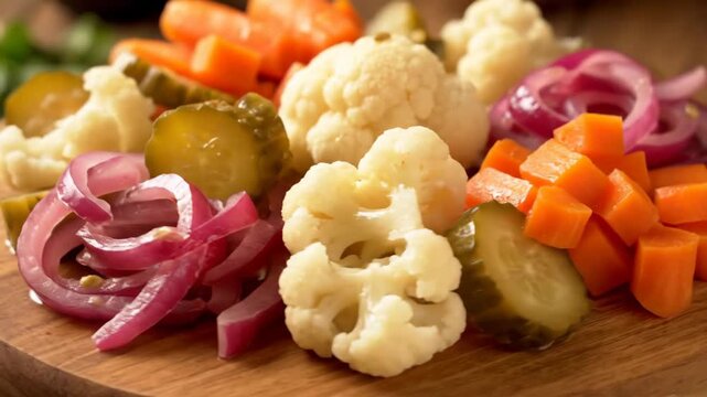 Vibrant mixed pickled vegetables platter (giardiniera) featuring carrots, cauliflower, sliced red onion, and dill pickles close-up on a rustic wooden serving board