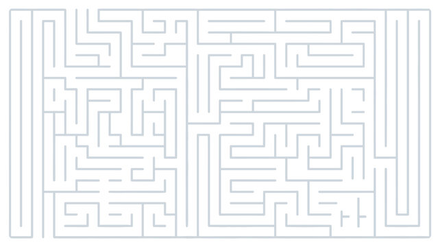 Complex rectangular labyrinth puzzle with intricate paths and many dead ends for cognitive challenge and mental exercise.