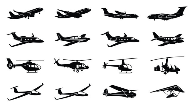 Aircraft collection and aviation transport flat black vector icon set with commercial airplane, helicopter, jet, glider and flight control symbols for aeronautical design