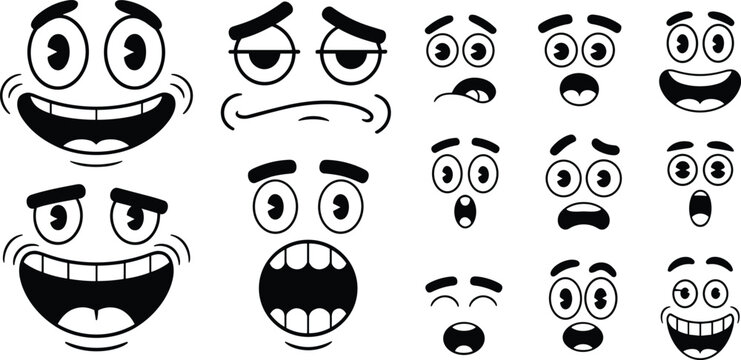 Cartoon facial expressions set featuring fifteen outlined faces with exaggerated eyes, eyebrows, and mouths showing emotions in vector illustration