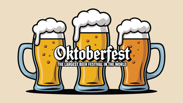 Festive Oktoberfest illustration with three full mugs of frothy golden beer and a banner stating it is the largest festival.