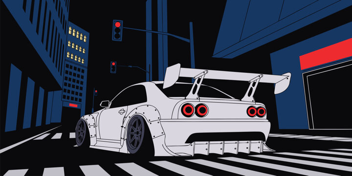 Stylized vector illustration of a white modified sports car on a city street at night