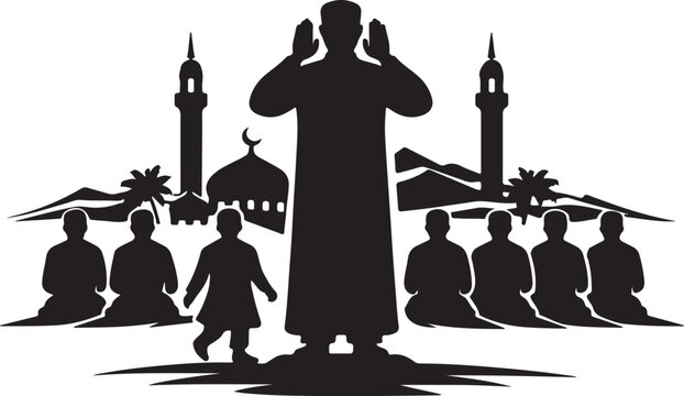 Islamic congregation prayer led by imam silhouette
