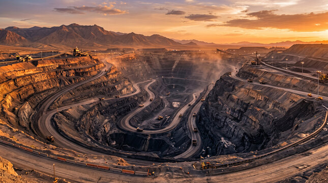 Industrial open pit mine at sunset, aerial view of deep copper mining excavation, heavy machinery and terraced quarry landscape under golden sky