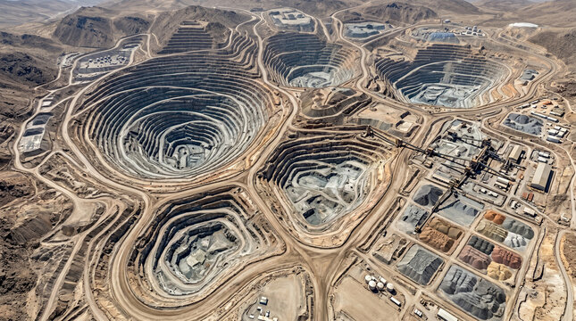 Aerial view of massive open pit mine, industrial copper and gold mining site with deep excavation terraces, heavy machinery and processing facility