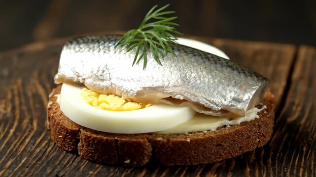 Traditional scandinavian open-faced sandwich with pickled herring, hard-boiled egg, and dill on dark rye bread served on a rustic wooden table