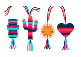 Obraz premium Set of Colorful Mexican Piñatas for Cinco de Mayo Celebration, Vector Illustration Featuring Cactus, Heart, Star, and Traditional Shapes