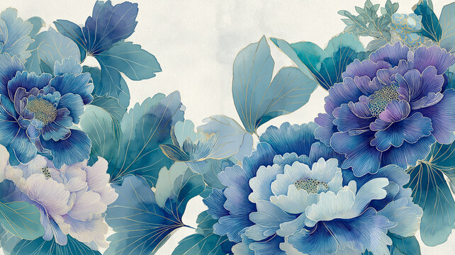 和柄の美しさとボタニカルの軽やかさを合わせた背景イラスト。花、植物、葉、水彩風、和風、和モダン、装飾、フレーム、テクスチャ、壁紙、背景素材、カード、招待状、表紙、パッケージ、広告、販促、ポスター、テンプレート、コピースペースとして使いやすい華やかで繊細なデザイン。上質感のある和の演出に活躍。幅広い媒体で使いやすい意匠。華やかで落ち着いた印象。季節を問わず使いやすい意匠。販促や季節の挨拶状にも便利。