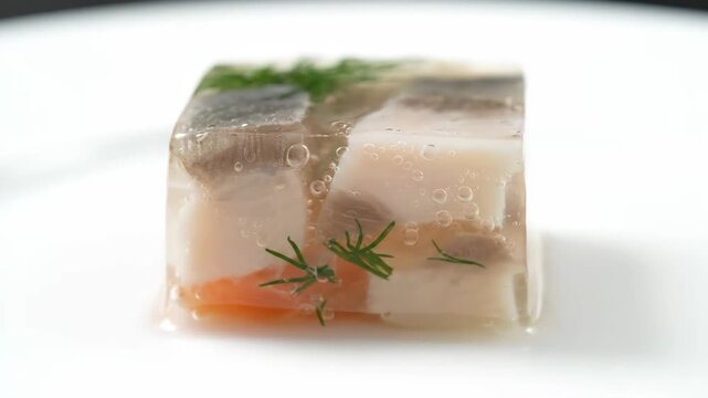 Gourmet fish aspic cube appetizer on white plate. modern presentation of traditional slavic holodets or french terrine with white fish, carrots, and fresh dill.