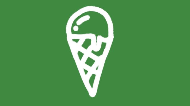 White ice cream cone cartoon graphic with chalk outline single scoop waffle cone icon isolated on green screen background for summer refreshment and dessert line art element concept.