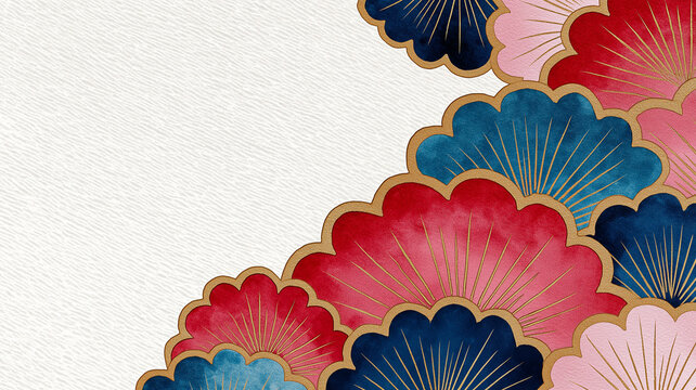 花と植物をあしらった和柄のボタニカル背景イラスト。水彩風、和風、和モダン、装飾、フレーム、花柄、植物柄、テクスチャ、壁紙、背景素材、カード、招待状、ポスター、表紙、包装紙、広告、販促、バナー、テンプレート、コピースペース付きで幅広い用途に使いやすい上品でやさしいデザイン。上質感のある和の演出に活躍。幅広い媒体で使いやすい意匠。華やかで落ち着いた印象。洗練された和の雰囲気。上品な華やぎを添える構成。