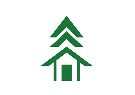 Simple green house with three stylized trees on a white background