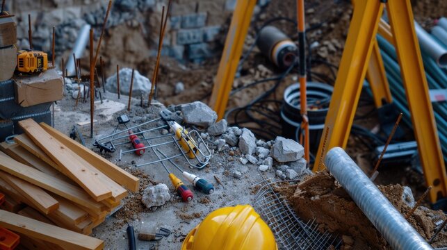 Construction site tools and materials scattered on ground with machinery, rubble, and safety helmet for building project