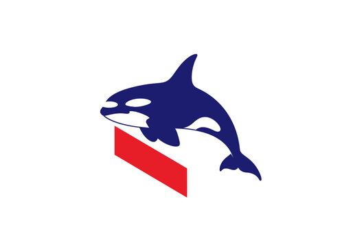 Illustration of a stylized orca jumping over a red platform against a white background