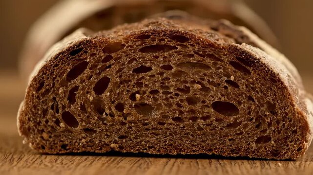 Close-up macro shot of freshly sliced rustic whole grain sourdough bread loaf lying on a wooden cutting board, showing detailed texture and crumb.