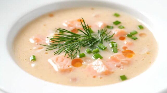 Close-up of traditional scandinavian or finnish creamy salmon soup (lohikeitto) garnished with fresh dill and chopped chives served elegantly in a white bowl.