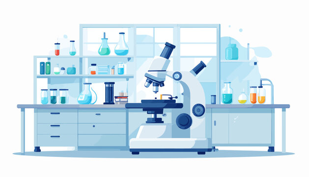 Science laboratory workstation with microscope and glassware