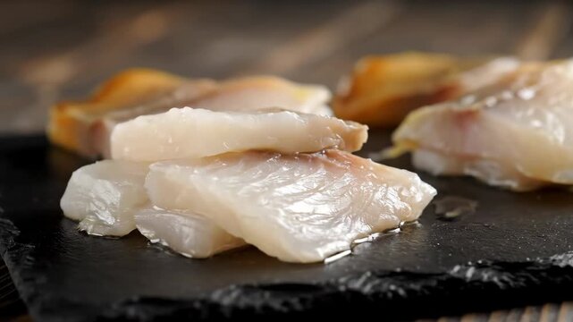 Close-up of fresh white fish fillets, such as raw cod or halibut, served on a black slate board ready for cooking or gourmet preparation