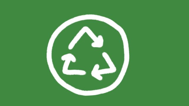 White recycling symbol circle cartoon graphic with chalk outline recycle loop icon isolated on green screen background for eco-friendly waste management and sustainable reuse line art element concept.