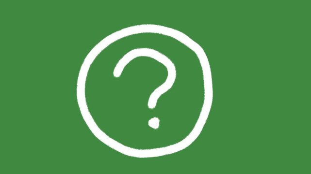 White question mark circle cartoon graphic with chalk outline help info icon isolated on green screen background for customer support and FAQ information line art element concept.