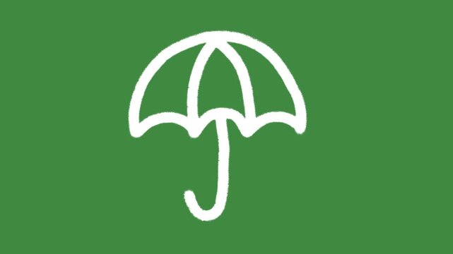 White umbrella cartoon graphic with chalk outline classic umbrella icon isolated on green screen background for weather protection symbol and safety insurance line art element concept.
