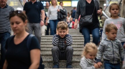 Fototapeta premium Sad Child Family Crisis, Young Boy Covering Ears in Busy Public Space