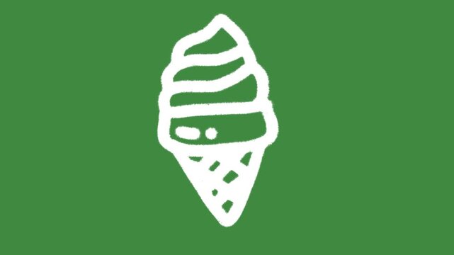 White soft serve ice cream cartoon graphic with chalk outline frozen yogurt cone icon isolated on green screen background for summer refreshment and dessert element concept.