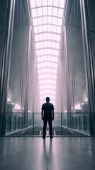 Fototapeta premium Back view of man standing alone in futuristic modern glass corridor, future vision and corporate leadership concept