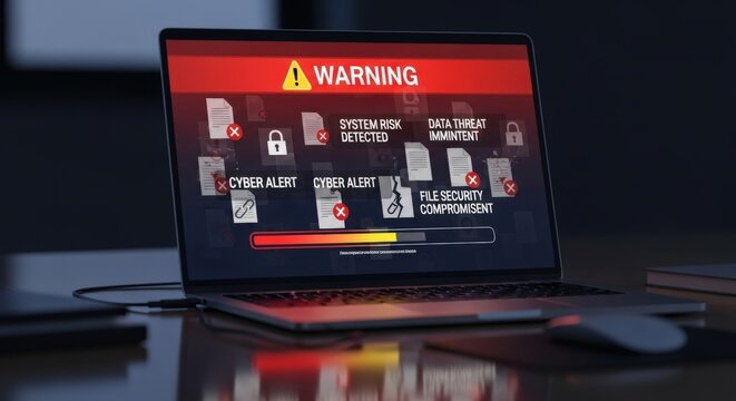 Cyber attack, warning screen on laptop, malware alert, security threat, hacking