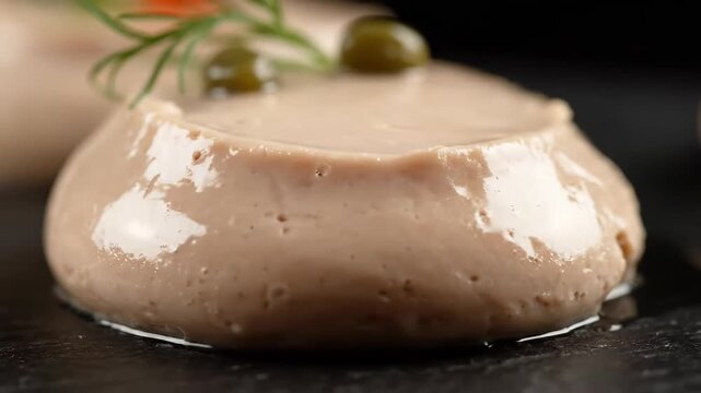 Gourmet savory p&acirc;t&eacute; or creamy mousse portion garnished with fresh herbs and a caper, served elegantly on a black slate surface.