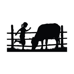 Obraz premium Farm life landscape with girl playing near cow behind wooden fence in countryside pasture.