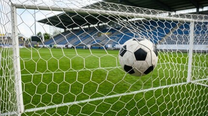 Fototapeta premium Soccer ball inside the goal net on a stadium field