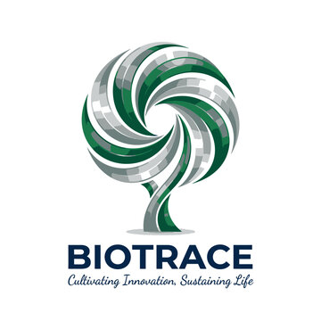 Abstract green spiral tree logo for Biotrace brand.