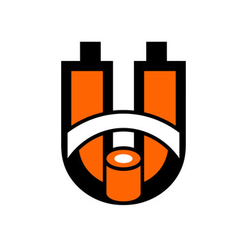 Abstract industrial shield logo with orange and black colors.