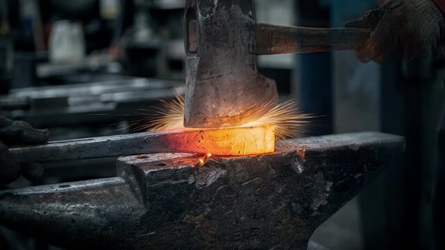 Medium perspective capturing the forging of a hatchet head as hot metal is compressed beneath a drop hammer highlighting texture and craftsmanship in the production process