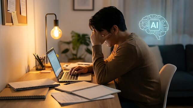 Stressed young man working on laptop late at night with glowing ai brain symbol representing fatigue.