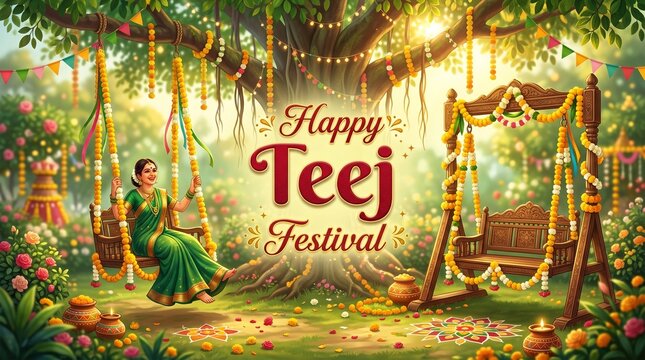 Decorative wooden swings adorned with marigold flowers for Teej festival