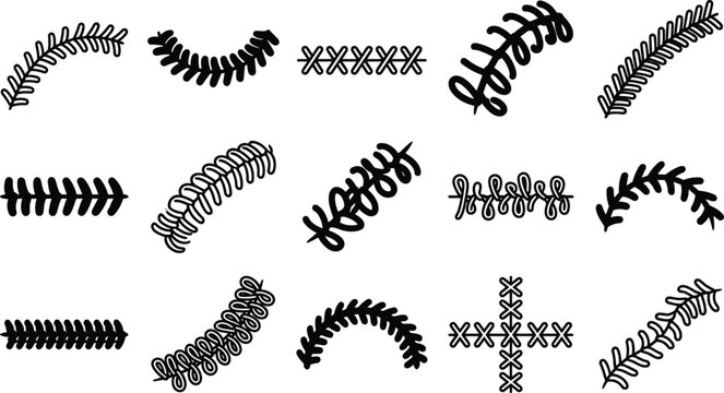 Black Athletic Stitching and Seam Patterns Graphic Element Set with Baseball Laces Cross Stitches and Loops for Sports Apparel Team Jersey Designs