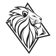Lion head graphic in rhombus frame, stylized mane and regal expression, powerful animal emblem, modern design, symbol of strength and courage © Sabrina45